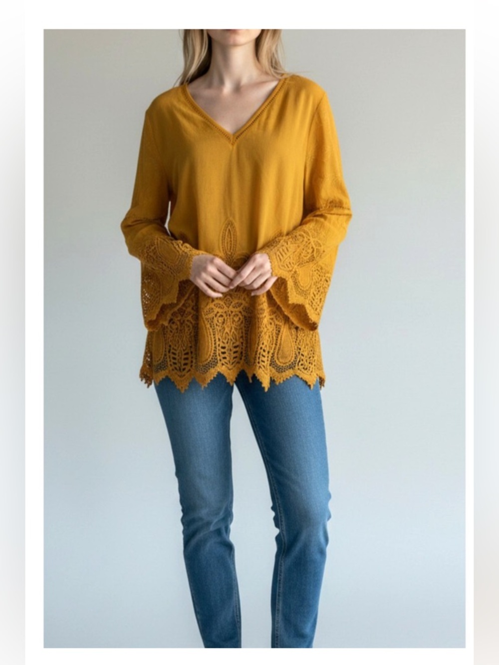 Chico's Boho Eyelet Lace Mustard V-Neck Bell Sleeve Tunic Top SZ 2/12-14